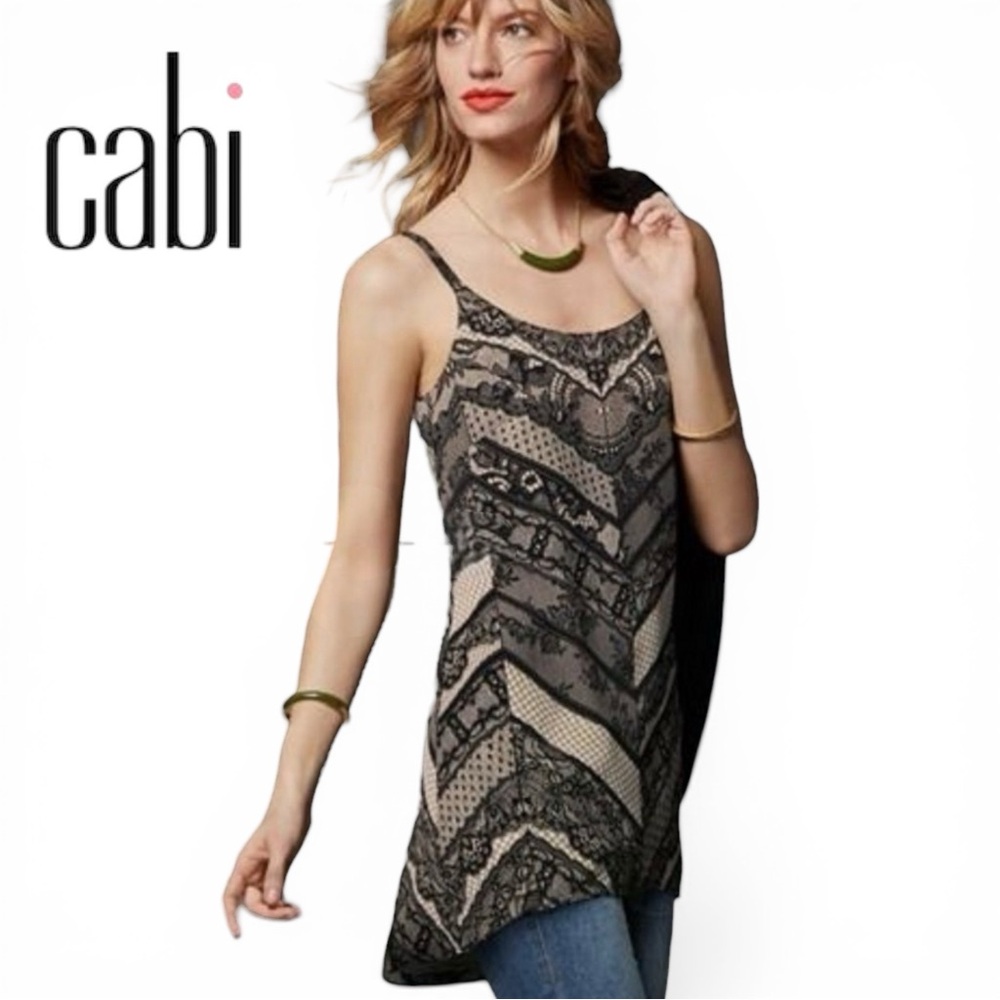 CAbi Top 3278 Monaco Cami Tunic Spaghetti Tank Black Lace Print | Sz M